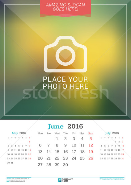 June 2016. Wall Monthly Calendar for 2016 Year. Vector Design Print Template with Place for Photo. W Stock photo © mikhailmorosin