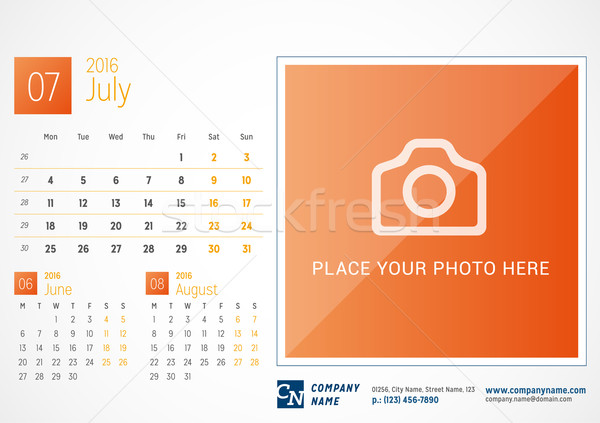 Stock photo: Desk Calendar 2016. Vector Print Template. July. Week Starts Monday