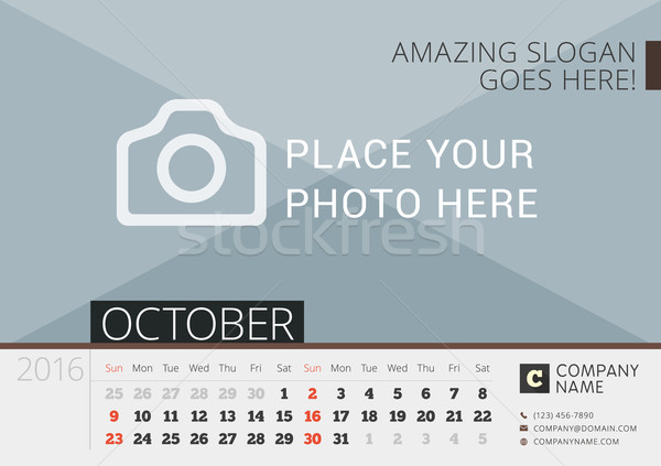 Desk Calendar 2016. Vector Print Template with Place for Photo. October. Week Starts Sunday Stock photo © mikhailmorosin