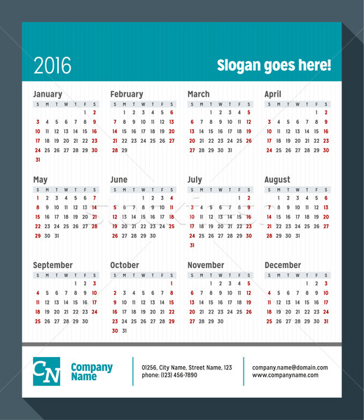 Calendar for 2016 Year. Week Starts Sunday. Vector Design Print Template with Place for Slogan, Logo Stock photo © mikhailmorosin