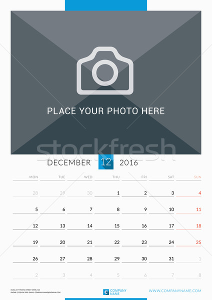 December 2016. Wall Monthly Calendar for 2016 Year. Vector Design Print Template with Place for Phot Stock photo © mikhailmorosin