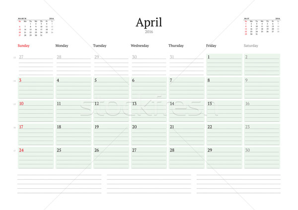 Monthly Calendar Planner 2016. Vector Design Print Template. April. Week Starts Sunday Stock photo © mikhailmorosin