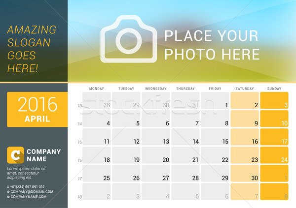 April 2016. Desk Calendar for 2016 Year. Vector Design Print Template with Place for Photo, Logo and Stock photo © mikhailmorosin