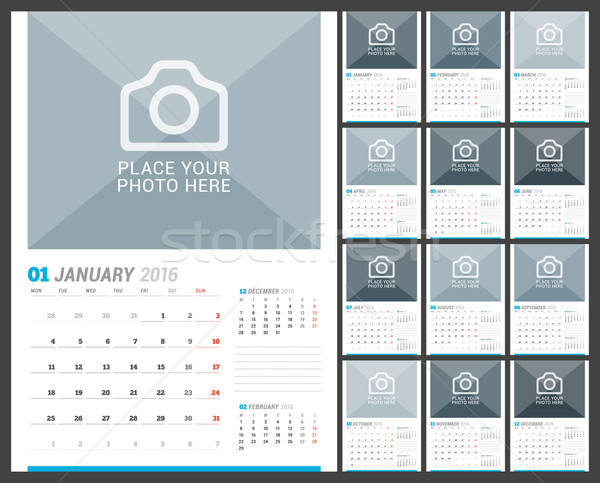 Wall Monthly Calendar for 2016 Year. Vector Design Print Template with Place for Photo and Place for Stock photo © mikhailmorosin