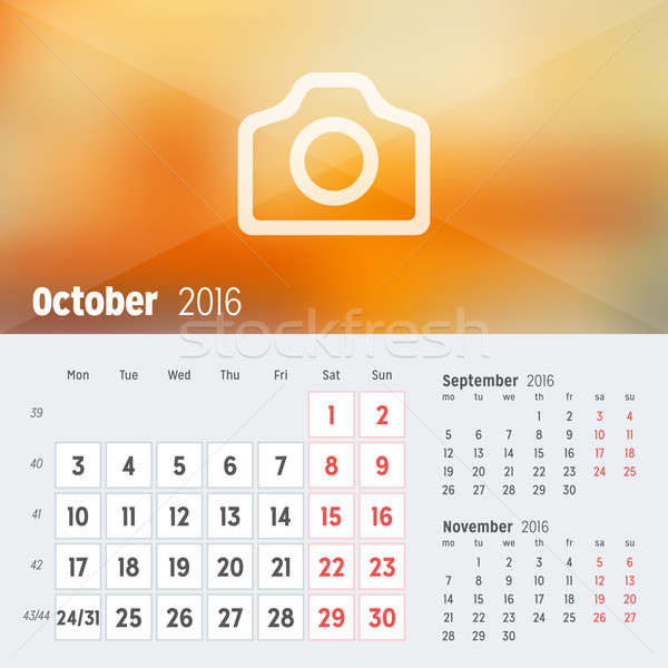 October 2016. Desk Calendar for 2016 Year. Vector Design Print Template with Place for Photo. Week S Stock photo © mikhailmorosin