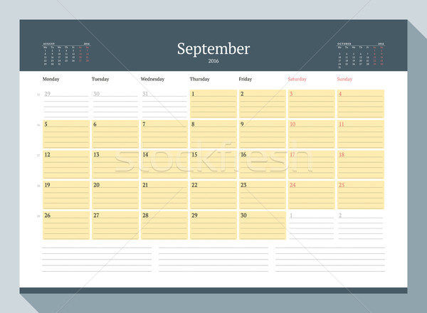 September 2016. Monthly Calendar Planner for 2016 Year. Vector Design Print Template. Week Starts Mo Stock photo © mikhailmorosin