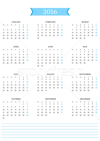 Calendar for 2016 Year. Vector Design Print Template. Week Starts Monday. Portrait Orientation Stock photo © mikhailmorosin