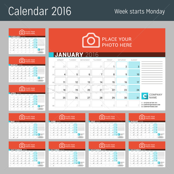 Calendar for 2016 Year. Vector Design Calendar Planner Template with Place for Photo. Week Starts Mo Stock photo © mikhailmorosin