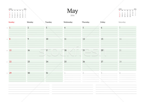 Monthly Calendar Planner 2016. Vector Print Design Template. May. Week Starts Sunday Stock photo © mikhailmorosin