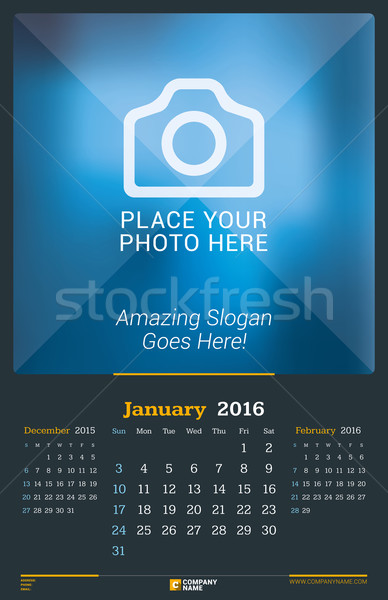 Stock photo: January 2016. Wall Monthly Calendar for 2016 Year. Vector Design Print Template with Place for Photo