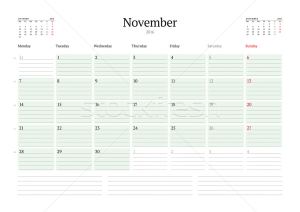 Monthly Calendar Planner 2016. Vector Print Template. November. Week Starts Monday Stock photo © mikhailmorosin