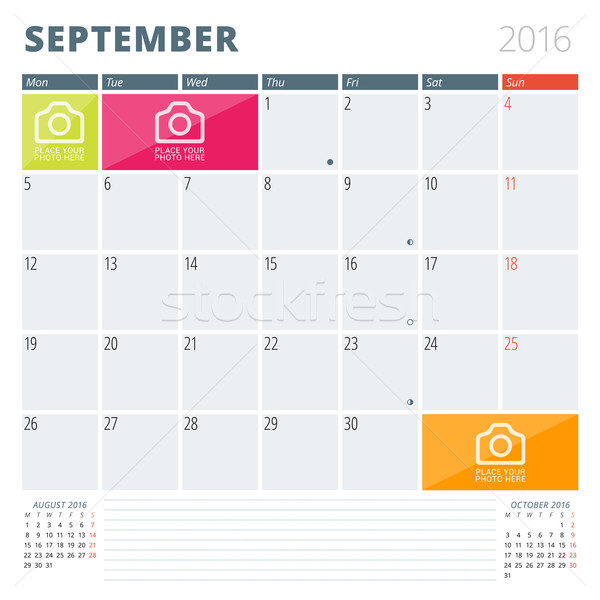 Calendar Planner 2016 Design Template with Place for Photos and Notes. September. Week Starts Monday Stock photo © mikhailmorosin