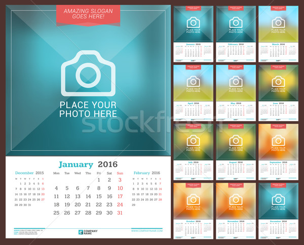 Wall Monthly Calendar for 2016 Year. Vector Design Print Template with Place for Photo. Week Starts  Stock photo © mikhailmorosin