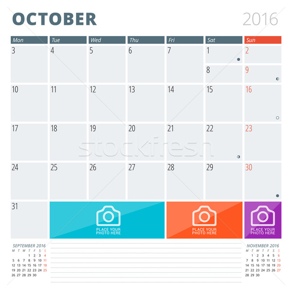 Calendar Planner 2016 Design Template with Place for Photos and Notes. October. Week Starts Monday Stock photo © mikhailmorosin