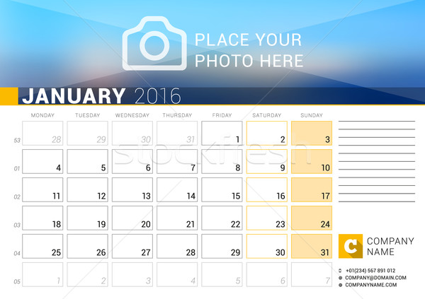 Foto stock: Secretária · calendário · 2016 · ano · vetor · projeto