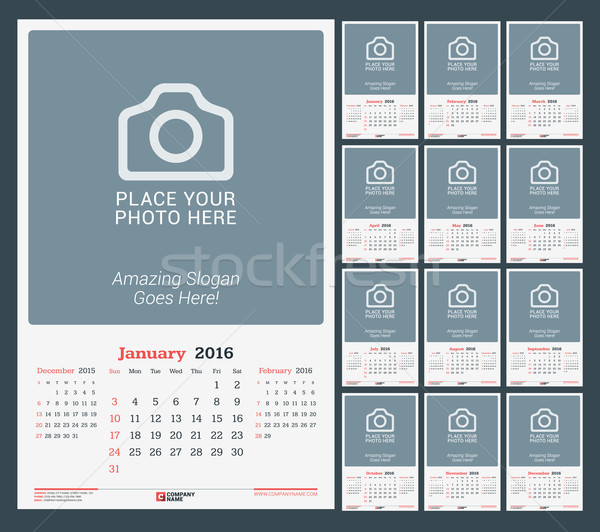 Wall Monthly Calendar Planner for 2016 Year. Vector Design Print Template with Place for Photo and N Stock photo © mikhailmorosin