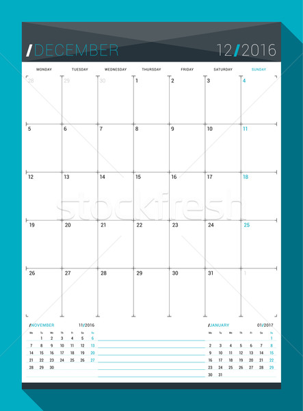 December 2016. Vector Design Print Template. Monthly Calendar Planner for 2016 Year. Week Starts Mon Stock photo © mikhailmorosin