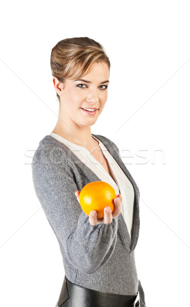 Mooie meisje oranje houden hand geïsoleerd Stockfoto © MikLav