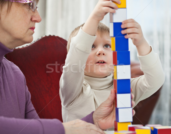 Jongen spelen blokken weinig blond gebouw Stockfoto © MikLav