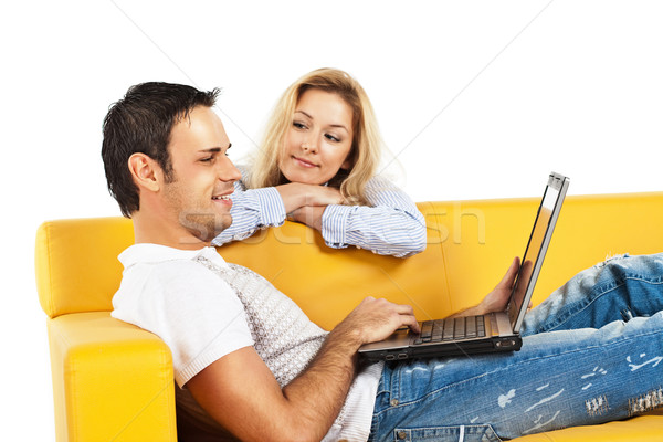 Gelukkig laptop computer jonge man vrouw vergadering Stockfoto © MikLav