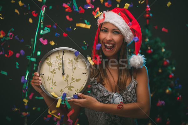 Boldog új évet derűs gyönyörű nő ünnepel új év mutat Stock fotó © MilanMarkovic78