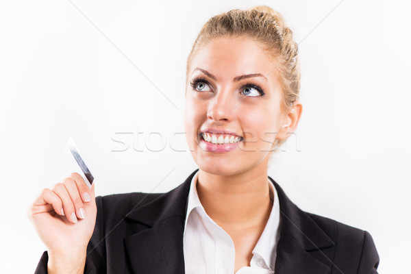 Geschäftsfrau Master Karte lächelnd halten Kreditkarte Stock foto © MilanMarkovic78