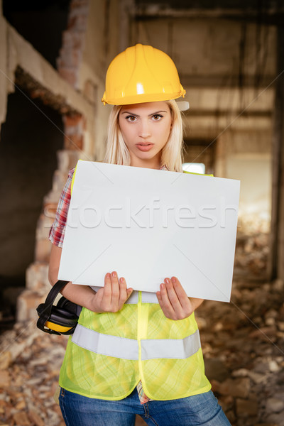 Foto stock: Feminino · arquiteto · belo · jovem · construção