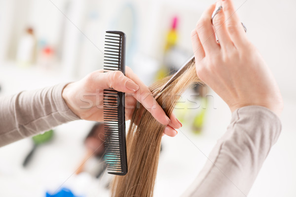 Stock foto: Haar · Schneiden · Friseur · geschnitten · Frau · Schere