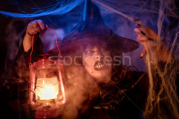Witch With Lighted Lantern In Magic Fog Stock photo © MilanMarkovic78