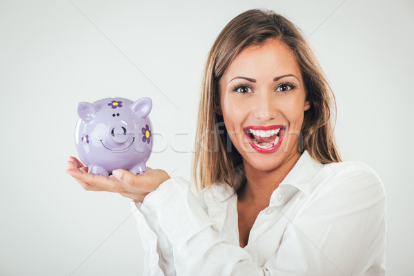 Foto stock: Mujer · de · negocios · alcancía · retrato · sonriendo · mirando