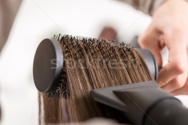 ストックフォト: 髪 · クローズアップ · 茶色の髪 · ヘアドライヤー · 女性 · クローズアップ