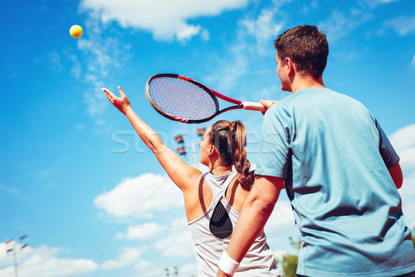 Stock foto: Mädchen · Übung · Tennis · Trainer · schönen · jungen