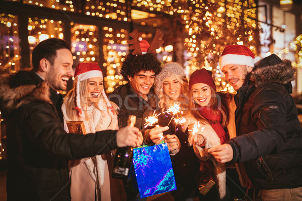 Foto stock: Amigos · natal · iluminação · alegre · seis