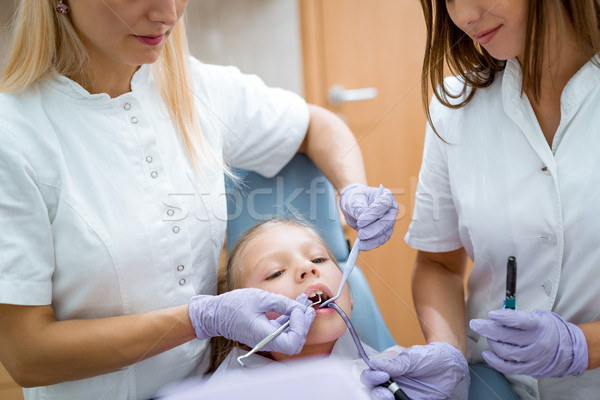 Foto d'archivio: Primo · dental · visitare · dentista · denti · ragazza