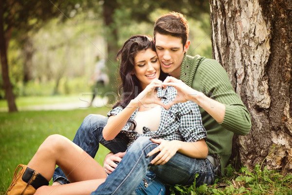 [[stock_photo]]: Couple · séance · herbe · parc · jeunes