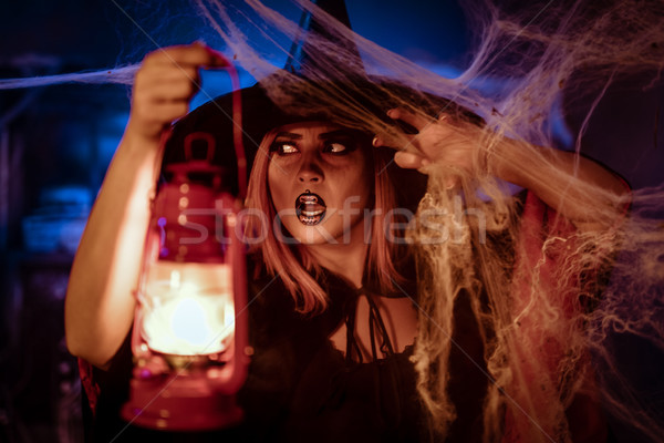 Bruxa lanterna mão arrepiante teia de aranha olhando Foto stock © MilanMarkovic78