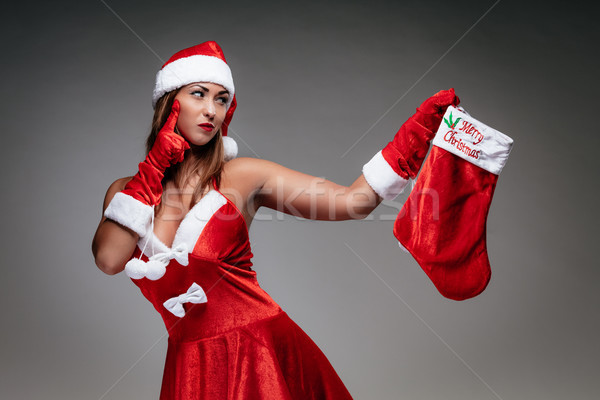 Foto stock: Feminino · papai · noel · belo · jovem · sorrindo · traje