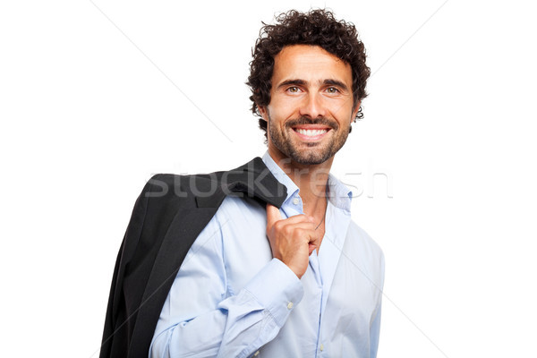 Lächelnd Geschäftsmann halten Jacke isoliert weiß Stock foto © Minervastock