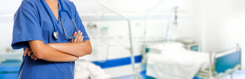 Foto stock: Enfermera · banner · médico · feliz · médicos · hospital