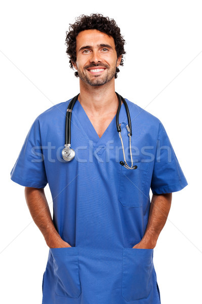 Asistentă portret izolat alb medic fericit Imagine de stoc © Minervastock