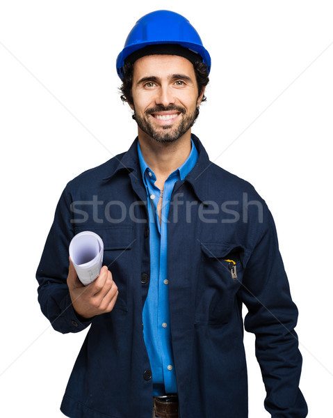 Stockfoto: Ingenieur · portret · geïsoleerd · witte · gebouw · werk