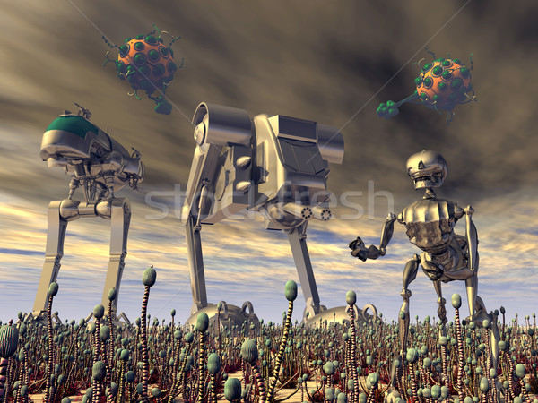 Foto stock: Exóticas · atacar · ordenador · generado · 3d · robots