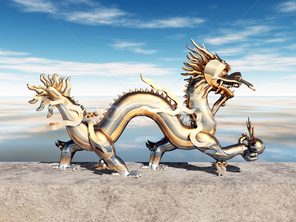 Сток-фото: Китайский · дракон · статуя · компьютер · генерируется · 3d · иллюстрации · облака