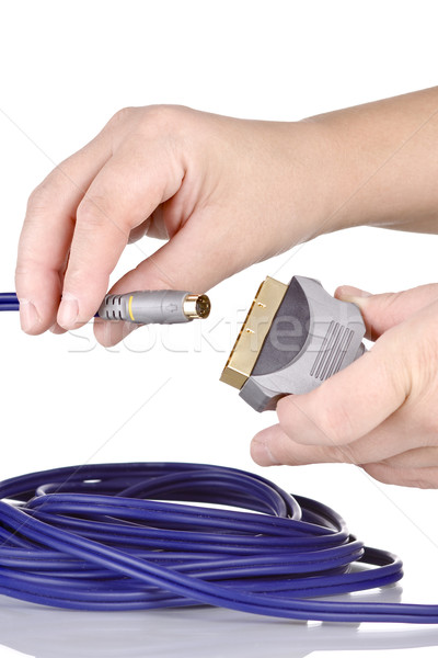 Audio videó kábel kéz kék Stock fotó © mirusiek