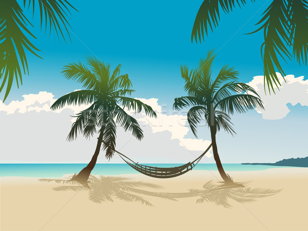 Stock photo: Tropical beach, coconut palms, hammock