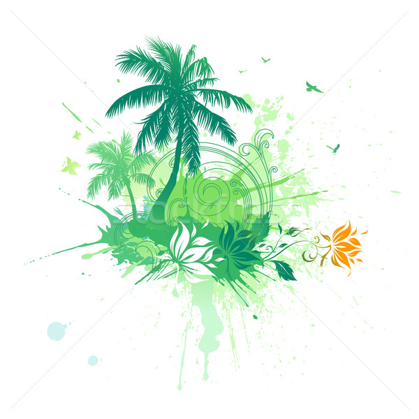 [[stock_photo]]: été · tropicales · vecteur · palmiers · fleurs · plage