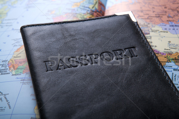 Foto stock: Passaporte · saco · mapa · documento · férias