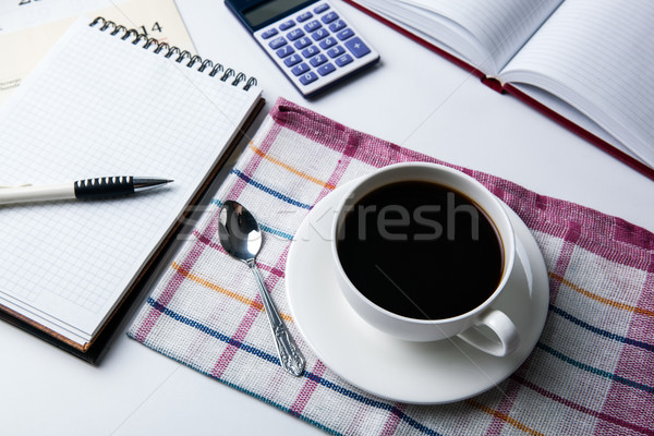 Business Still-Leben Frühstück Tasse schwarzer Kaffee Bürobedarf Stock foto © mizar_21984
