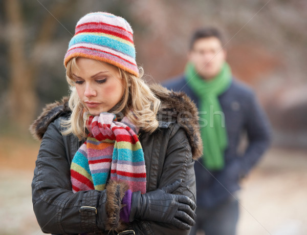 [[stock_photo]]: Couple · hiver · marche · givré · paysage · femme