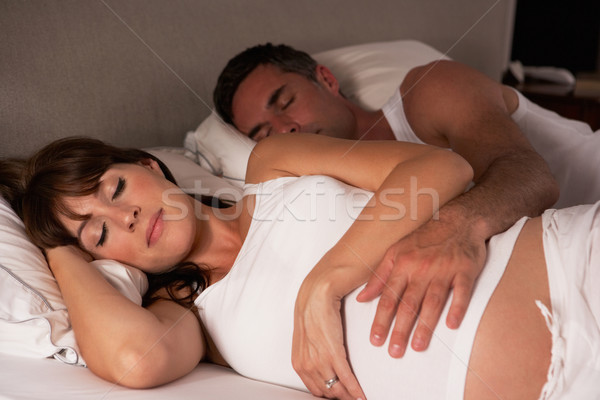 Foto stock: Mujer · embarazada · marido · cama · mujer · bebé · Pareja